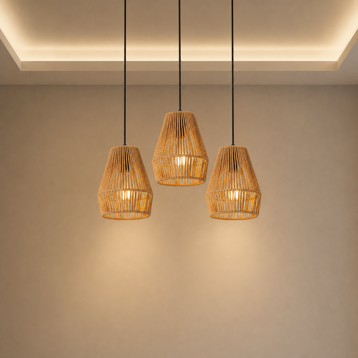 Lexion Rope Trio hemp pendant lights on a clean warm premium background