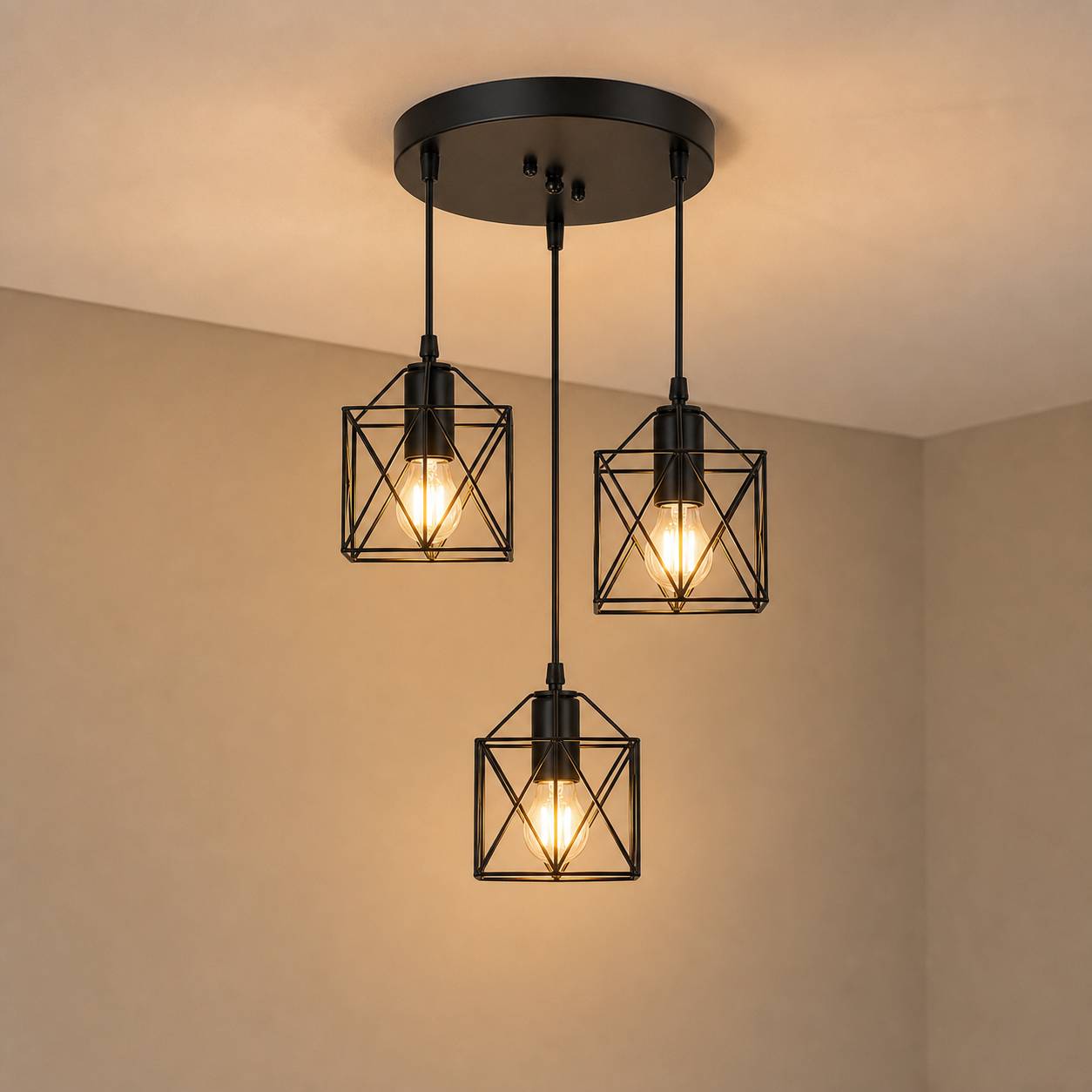 Lexion Triad three-light metal pendant fixture on a clean warm premium background