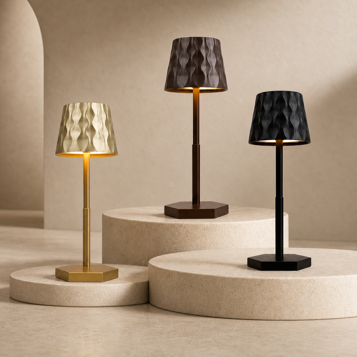Lexion Vino lamp variants on a premium warm studio background